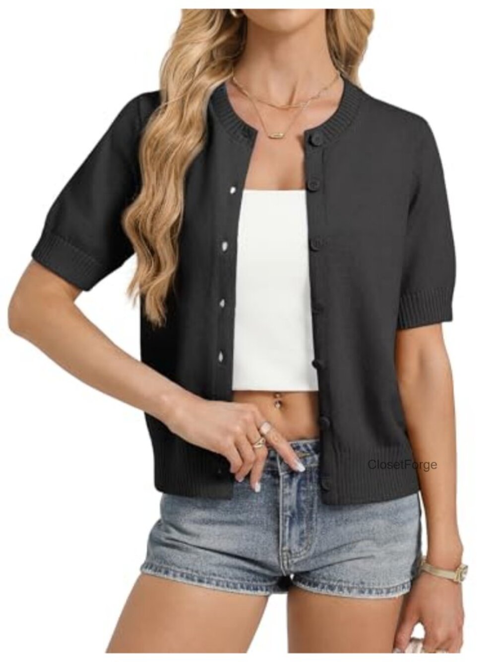Cotton Blend Short Sleeve Cardigan Button Up Sweater Womens Lightweight Summer
